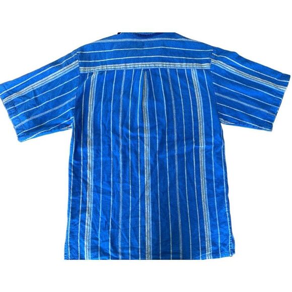 Smokey Joe’s Linen Blend Blue Yellow Stripes Button Down Medium 80s - Picture 6 of 11